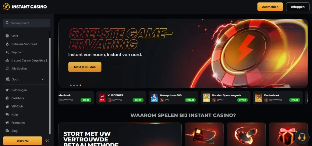 Instant Casino homepagina met interface, spellen en dashboard overzicht