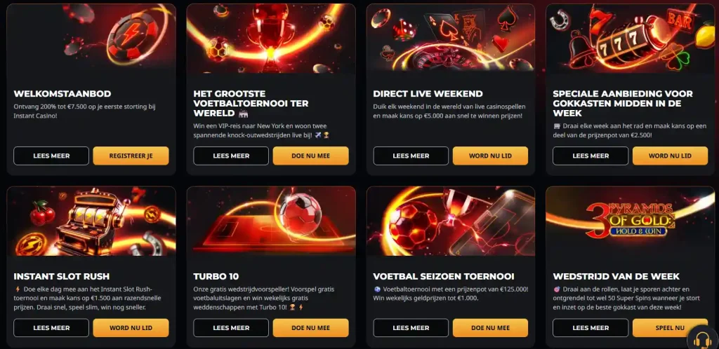 Instant Casino promoties met toernooien, bonussen en speciale aanbiedingen