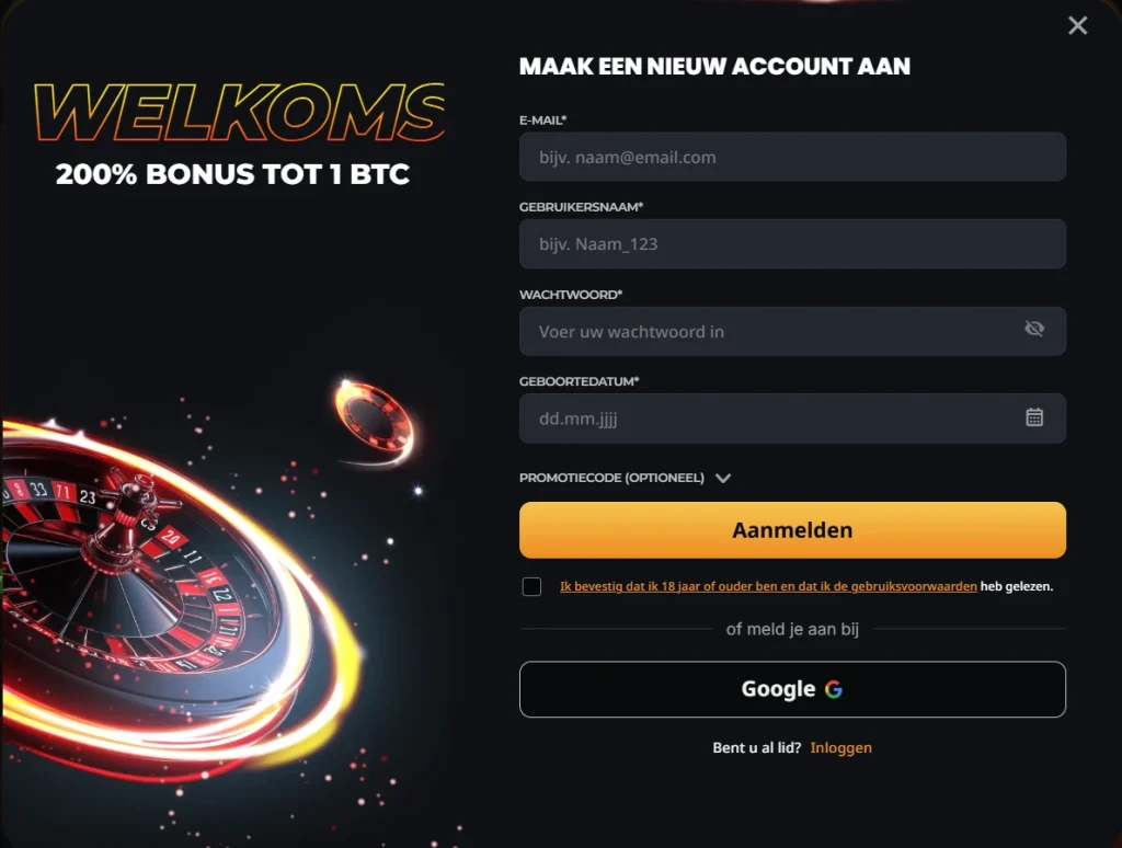 Instant Casino registratieformulier met welkomstbonus en aanmeldpagina