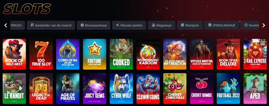 Instant Casino slots lobby met verschillende gokkasten en spellen