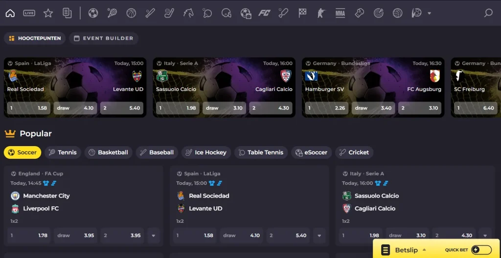 Instant Casino sportweddenschappen met voetbalwedstrijden en odds overzicht